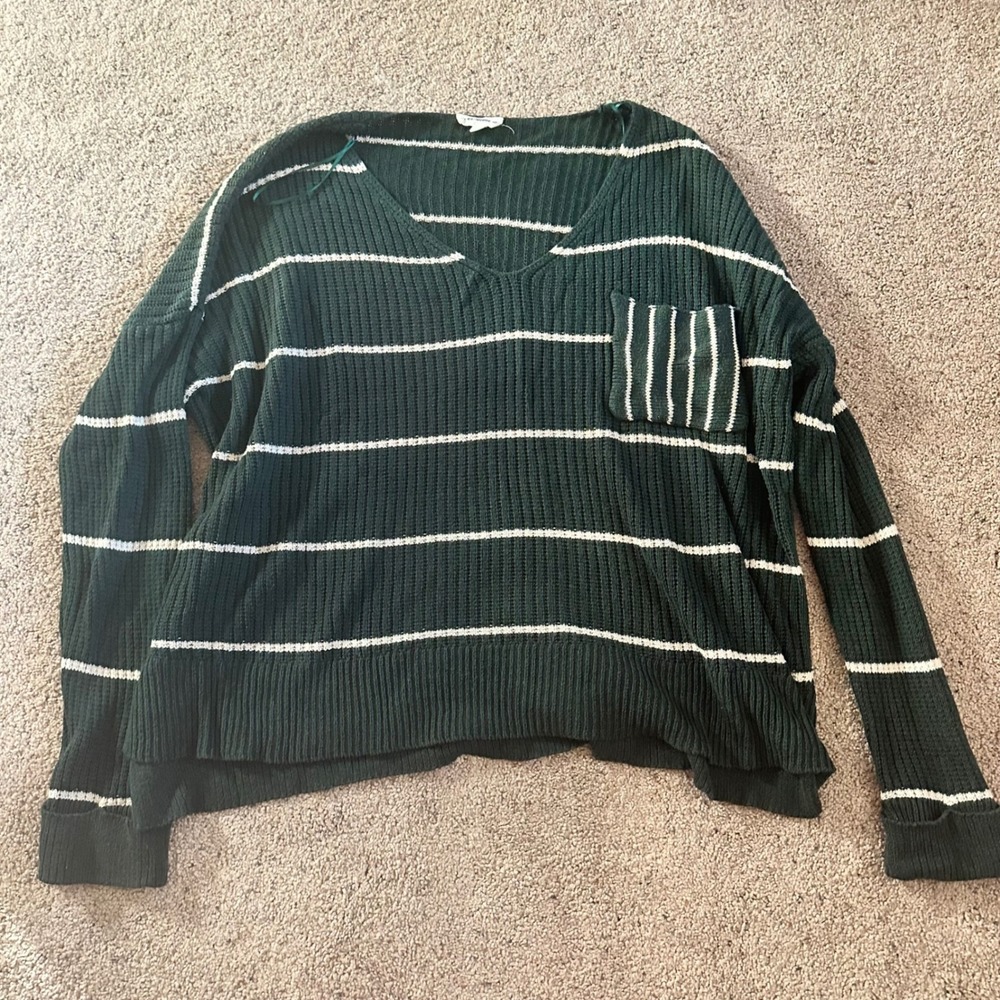 ee:some Women's‎ XL Green Striped V-Neck Pullover Knit Sweater Casual